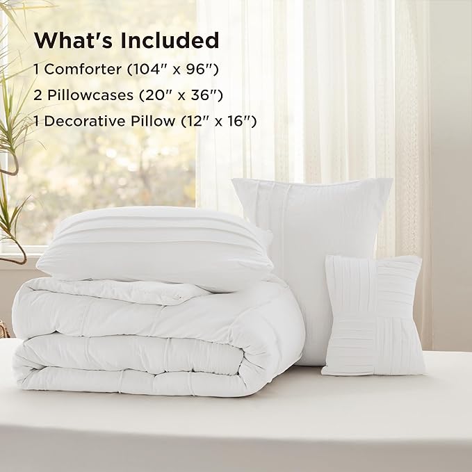 Bedsure California King Comforter Set - 4 Pieces Pinch Pleat Bed Set, White Boho Bedding for All Season, 1 Soft Comforter, 2 Pillowcases, 1 Decorative Pillow