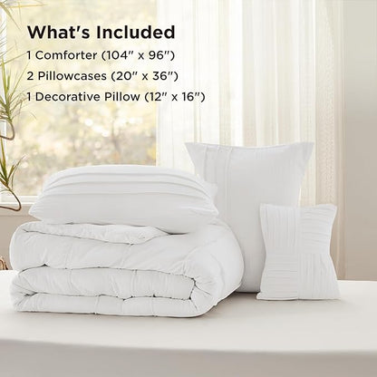 Bedsure California King Comforter Set - 4 Pieces Pinch Pleat Bed Set, White Boho Bedding for All Season, 1 Soft Comforter, 2 Pillowcases, 1 Decorative Pillow