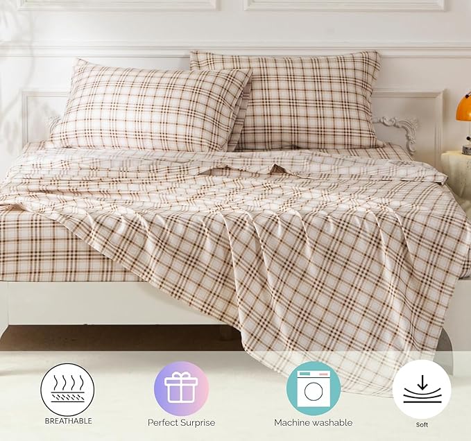 SDY 7 Piece Brown Plaid Comforter and Sheet Set,Queen Size Gingham Bedding Set,Super Soft Microfiber with 1*Comforter,1* Flat Sheet, 1*Fitted Sheet,2*Pillowcases and 2*PillowcaseShams