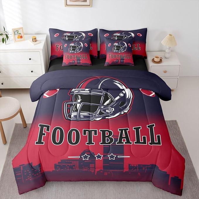 Erosebridal Kids Football Comforter Set with Sheets American Soccer Competitive Sports 7 Piece Bedding Set King for Boys Girls Teen,Rugby Sports Games Bed in A Bag Ball City Bed Set
