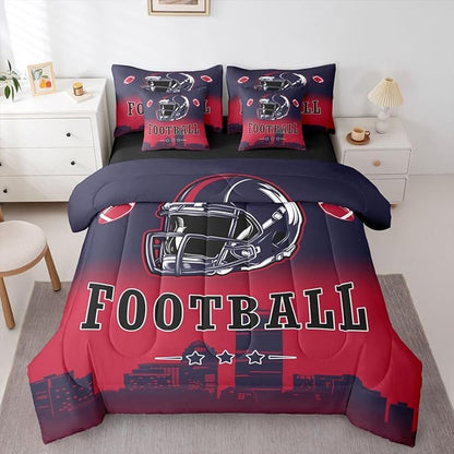 Erosebridal Kids Football Comforter Set with Sheets American Soccer Competitive Sports 7 Piece Bedding Set Full for Boys Girls Teen,Rugby Sports Games Bed in A Bag Ball City Bed Set