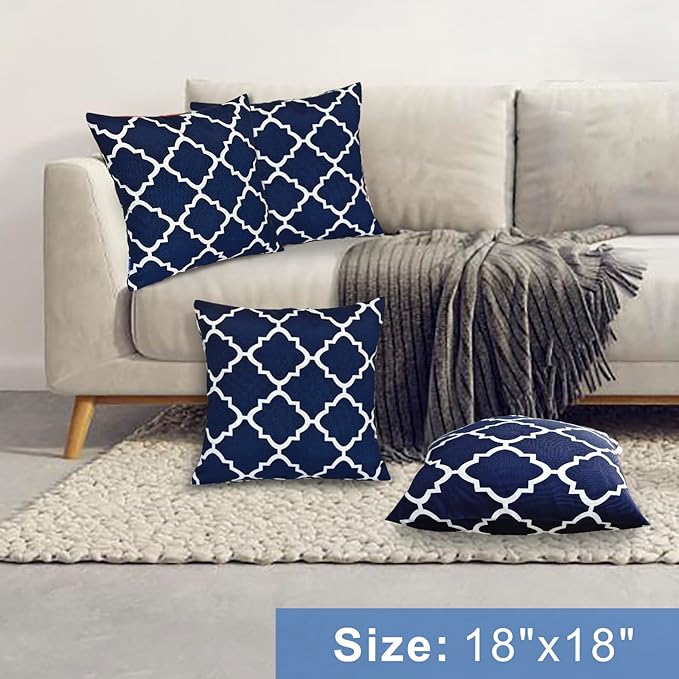 JMGBird Water-Resistant Outdoor Pillows Set of 2, 18x18 inch Durable Navy Blue Grid Pattern Throw Pillows with Inserts for Patio Furniture