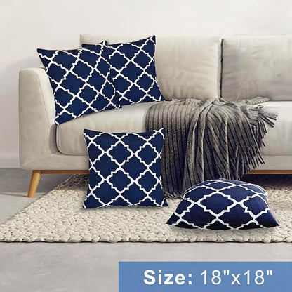 JMGBird Water-Resistant Outdoor Pillows Set of 2, 18x18 inch Durable Navy Blue Grid Pattern Throw Pillows with Inserts for Patio Furniture