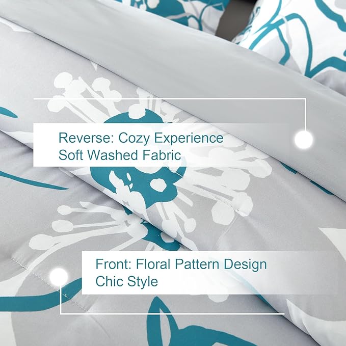 Anibedding Teal Floral Comforter Set King Size 7 Piece, Teal Blue Flower Bed in a Bag, Elegant Botanical Floral Comforter Soft Microfiber Complete Bedding Set for All Season, (Teal, 104"x90")