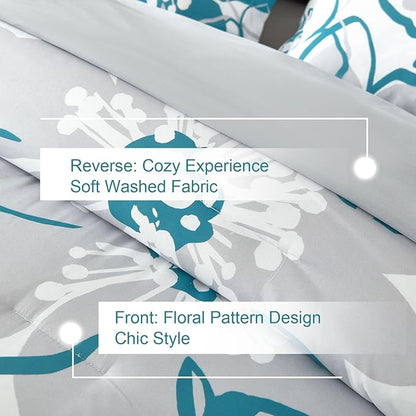 Anibedding Teal Floral Comforter Set King Size 7 Piece, Teal Blue Flower Bed in a Bag, Elegant Botanical Floral Comforter Soft Microfiber Complete Bedding Set for All Season, (Teal, 104"x90")