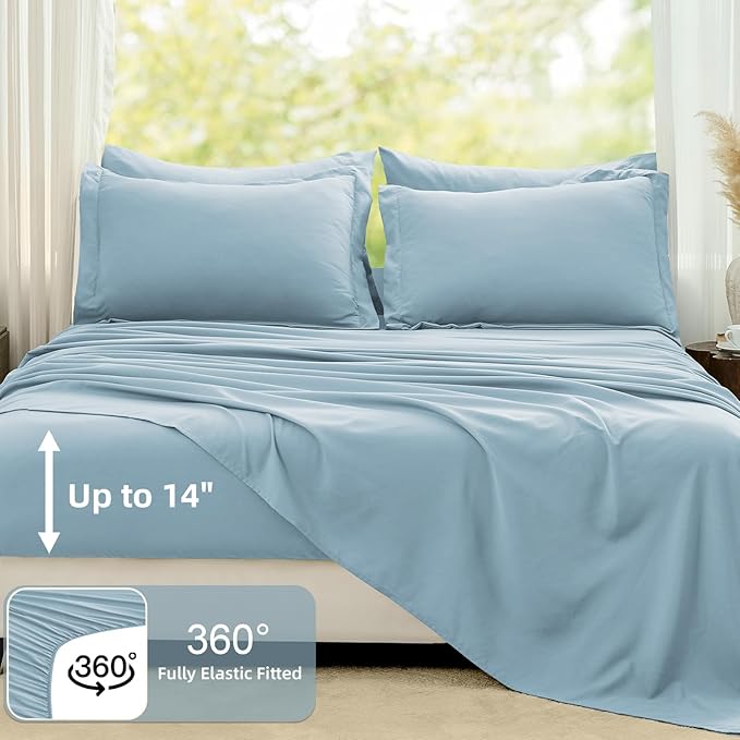 FUANNA Queen Comforter Set Light Blue, 7 Pieces Soft Bedding Sets Queen Size, All Season Lightweight Bed in a Bag with Comforter, Flat Sheet, Fitted Sheet, Pillowcases & Shams