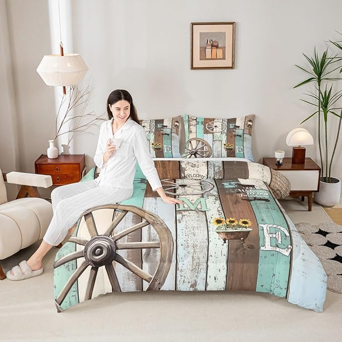Western Rustic Comforter Full Farmhouse Cabin Quilt Bedding Set For Kids Adult Men Women,Farm Animal Sunflower Wheel Comforter Set Retro Barn Door Windmill Duvet Blue Green Home Room Decor 3 Pcs