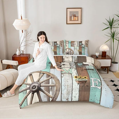 Western Rustic Comforter Full Farmhouse Cabin Quilt Bedding Set For Kids Adult Men Women,Farm Animal Sunflower Wheel Comforter Set Retro Barn Door Windmill Duvet Blue Green Home Room Decor 3 Pcs
