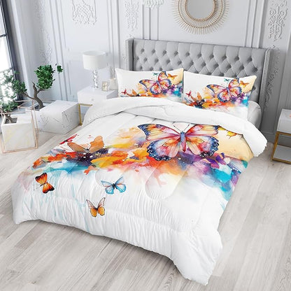 Colorful Butterfly Comforter Sets Full Size，Bedding Sets for Kids，Watercolor Butterfly Comforter Sets All Season 1 Comforter and 2 Pillowcases
