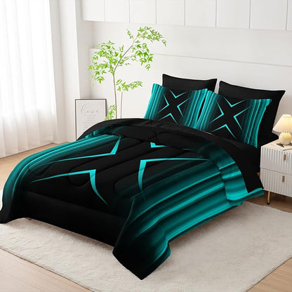 Turquoise Black Geometric Comforter Set Full Size 7Pieces,3D Abstract Mordern Printed Bedding Set for Adults,Geometric Mordern Decor All Seasons with Pillowcases,Flat, Fitted Sheet