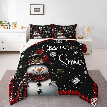 Winter Snowman Comforter Set Full Size,Merry Christmas Bedding Sets 3Pcs for Kids Girls Boys Women Room Decor,Red Black Checkered Down Comforter Northern Cardinal Quilted Duvet,2 Pillowcases