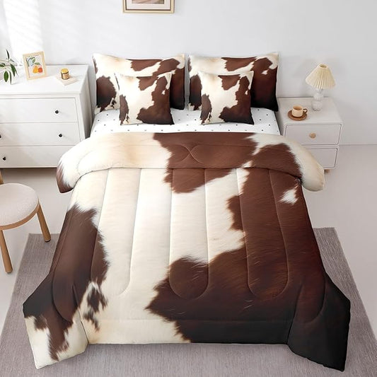 Erosebridal Cowhide Fur Bed in a Bag 7 Pieces Brown Beige Cow Printed Bedding Set, Wildlife Skin Hair King Size Comforter Set Western Aztec Bedding Comforter Sets, Cowboy Cowgirl Bed Set