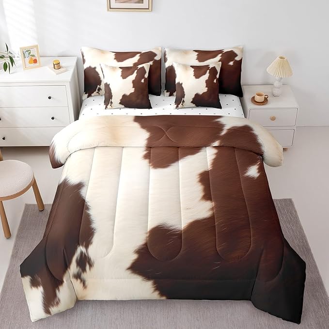 Erosebridal Cowhide Fur Queen Comforter Set 7pcs Brown Beige Cow Printed Bedding Comforter Sets, Wildlife Skin Hair Bed in a Bag Western Aztec Bedding Set, Cowboy Cowgirl Bed Sheets Set