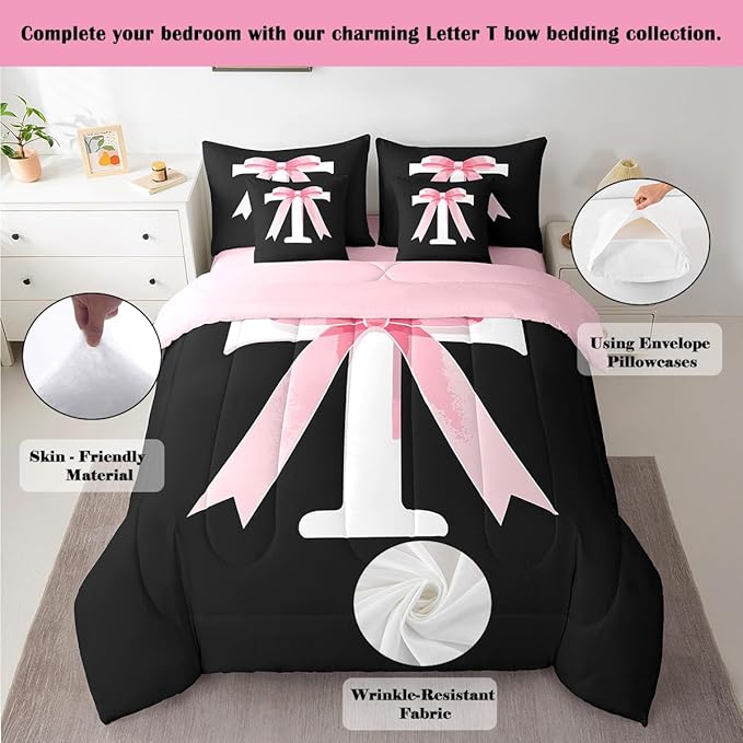 jejeloiu Kawaii Pink Bow Full Comforter Set with Sheets,Gifts for Women Teen Girl,Monogrammed 7 Piece Bedding Set,Soft Personalized Initial Letter T Bed in a Bag with Comforter,Sheets,Pillowcases