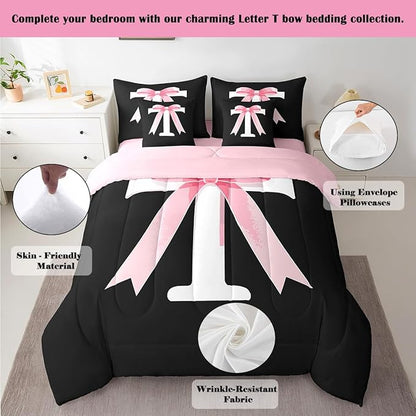 jejeloiu Kawaii Pink Bow Queen Comforter Set with Sheets,Gifts for Women Teen Girl,Monogrammed 7 Piece Bedding Set,Soft Personalized Initial Letter T Bed in a Bag with Comforter,Sheets,Pillowcases