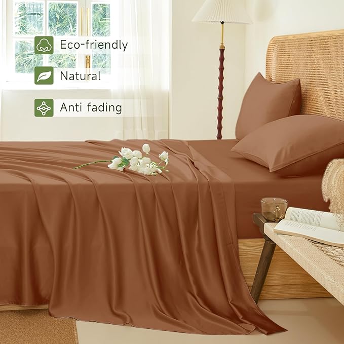THXSILK Luxury Mulberry Silk Bed Sheets Set - 4pcs Silk Sheets Set 16" Deep Pocket - 1 Fitted Sheet, 1 Flat Sheet, 2 Pillowcases with Zipper Closure - Full, Brown