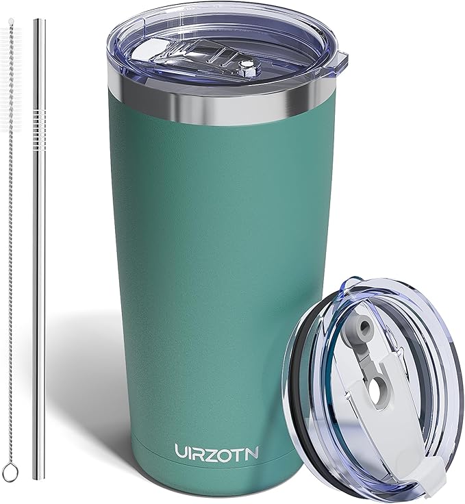 Travel Coffee Tumbler 20oz, Leakproof Travel Coffee Mug with Dual Lids and Straw, Stainless Steel Double Wall Vacuum Insulated Tumbler for Hot/Iced Drinks (Sage Green, Textured Matte)