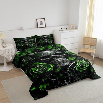 Erosebridal Adults Gothic Comforter Set Bohemian Boho Goth Bedding Set Twin Vintage Horror Skull Bed Sets Lime Green Rose Baroque Victorian Romantic Rose Duvet Insert,Halloween Gothic Decor