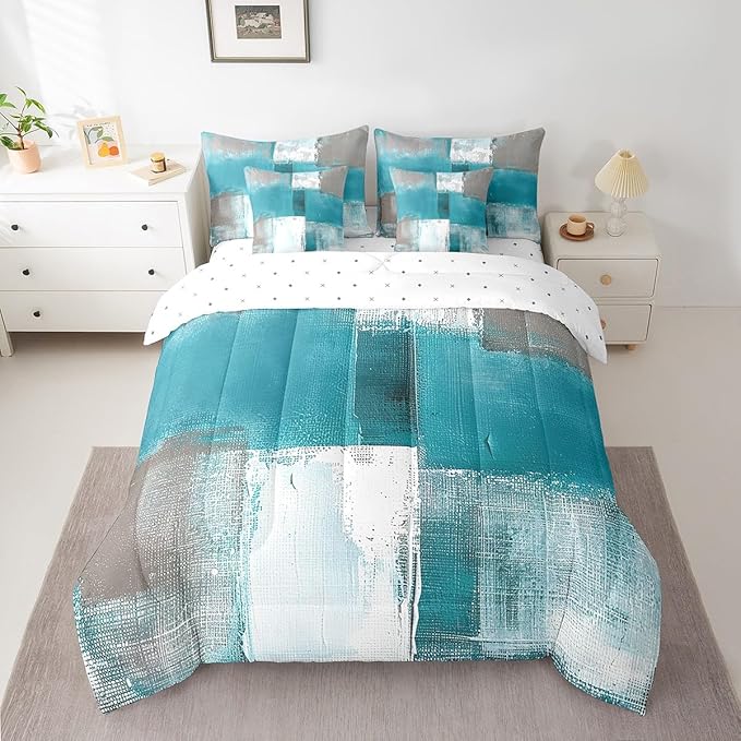 Erosebridal Blue White Grey Twin Comforter Set 7-Piece Aesthetic Bed in a Bag, Gradient Bedding Comforter Sets Modern Bedding Set (Comforter, Fitted Sheet, Flag Sheet, Pillowcase, Throw Pillow Cover)