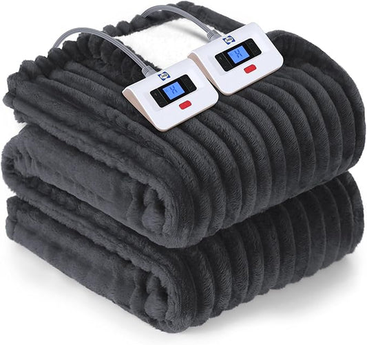 Sealy Electric Blanket Queen Size, Soft Ribbed Flannel to Sherpa Reversible Heated Blanket with Dual Control 10 Heat Settings & 1 to 12 Hours Auto-Off 84"x90" Machine Washable, Charcoal