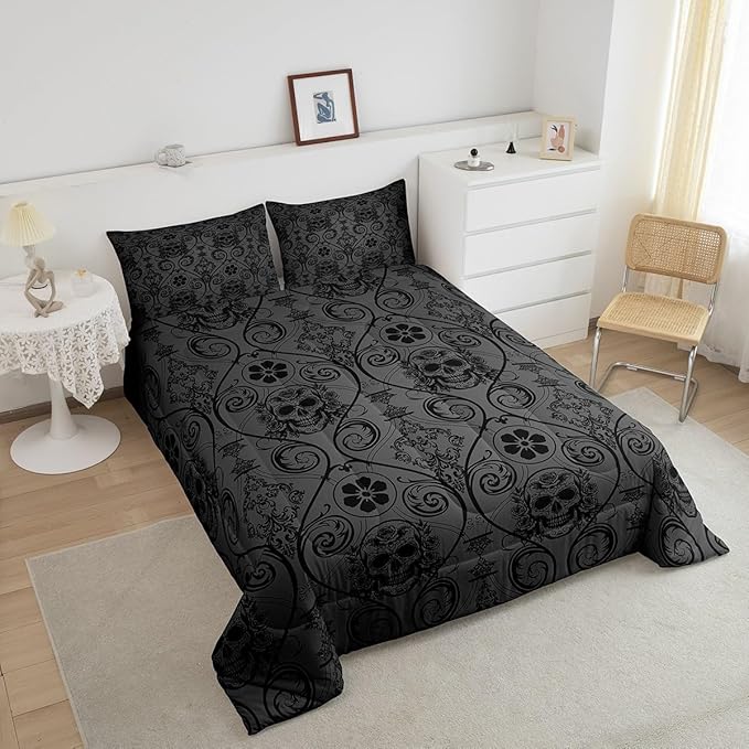 Feelyou Adults Black Vintage Damask Floral Comforter Set Oriental Antique Comforter Queen Size Exotic Sugar Skull Rose Bedding Set Gothic Bohemia Boho Duvet Set Quilt Set 3Pcs