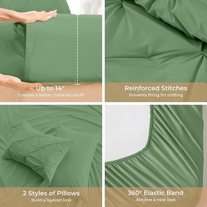 Sasttie Twin Comforter Set, 5-Piece Bed in a Bag, Pintuck Bedding Sets for All Season, Includes Comforter, Flat Sheet, Fitted Sheet, Pillowcase and Pillowsham, Green