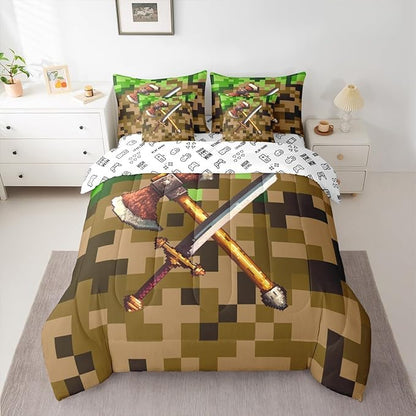 Castle Fairy Axe Sword Comforter Sets - 7 Pieces Full Size,Camouflage Blocks All Season Reversible Bed in a Bag Miner Theme Bedding Set Pixel Style Flat Sheet,Fitted Sheet,Pillowcases