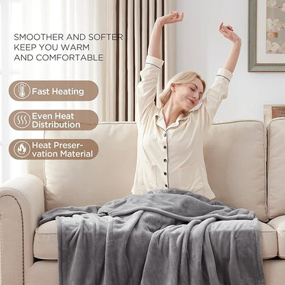 Westinghouse Heated Blanket Throw, Electric Throw with 6 Heating Levels, 2-10 Hours Time Settings, Overheat Protection, Machine Washable, Flannel (Throw, 50x60 Inches, Light Grey)