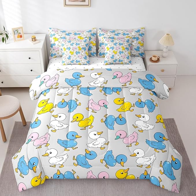 Erosebridal 7 Pcs Duck Comforter Set Twin Size,Cartoon Duck Bed in a Bag with Flat Sheet and Fitted Sheet for Kids and Adults,Farm Animal Bedding Set with Pillowcases and Cushion Cases Breathable