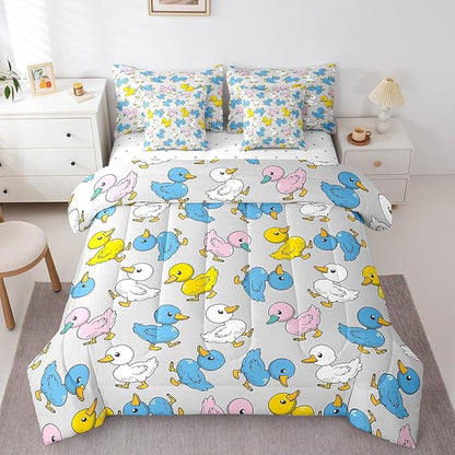 Erosebridal 7 Pcs Duck Comforter Set Full Size,Cartoon Duck Bed in a Bag with Flat Sheet and Fitted Sheet for Kids and Adults,Farm Animal Bedding Set with Pillowcases and Cushion Cases Breathable
