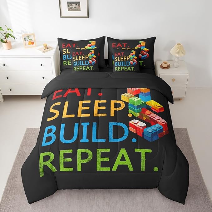 Feelyou Colorful Toy 7 Piece Bedding Set Teen Women Men Funny Building Blocks Decoration Comforter Set with Sheets King Size Kids Boys Cute Games Bed in a Bag Colorful Geometric Brick Room Decor