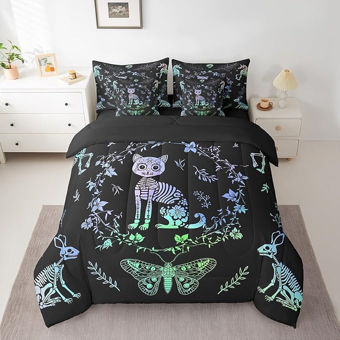 Castle Fairy Cute Cat Bedding Set 7 Pieces,Exotic Animals Skeleton Comforter Set with Sheets for Kids Teens Bedroom Decor,Butterfly Boho Flowers Leaves Bed Set in a Bag with Pillow Covers,Twin