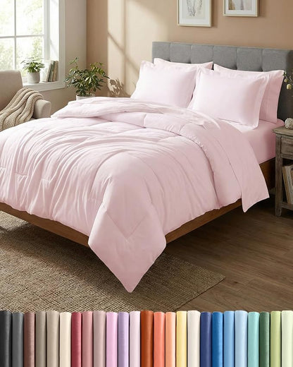 King Comforter Set - 7 Piece Bed in a Bag King Size Bed Set - Down Alternative Comforter, Flat Sheet, Fitted Sheet, Pillowcase & Shams for All Seasons - Ultra Soft, Comfy & Breathable - Lavender Pink
