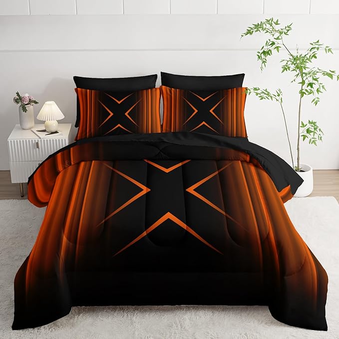 Black and Yellow Geometric Comforter Set Full Size 7Pieces,3D Abstract Mordern Printed Bedding Set for Adults,Geometric Mordern Decor All Seasons with Pillowcases,Flat, Fitted Sheet