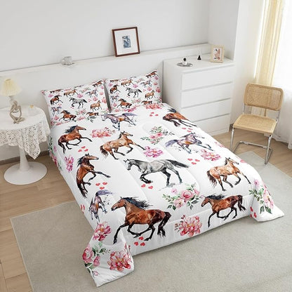 Erosebridal Western Comforter for Kids Boys Girls, Romantic Farm Horse Gifts for Girls, Twin Kawaii Watercolor Horse Bedding Set, Cute Rustic Animal Quilt with 1 Pillowcase Bedroom Decor