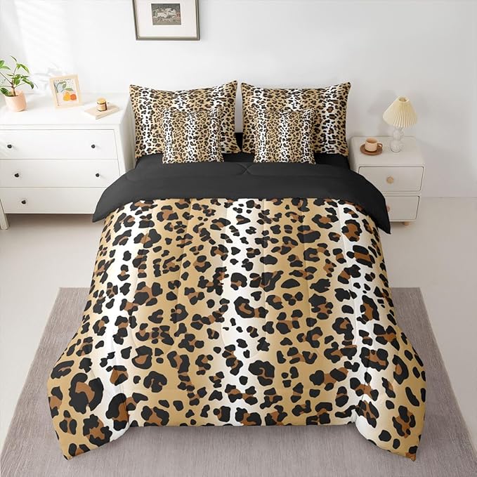 Erosebridal Animal Skin Pattern Gradient Gold Brown Full Comforter Set 7 Pieces | Leopard Print Bed in A Bag for Bedroom Ombre Cheetah Fur Bedding Set with Comforters Women Men Adults Room Decor
