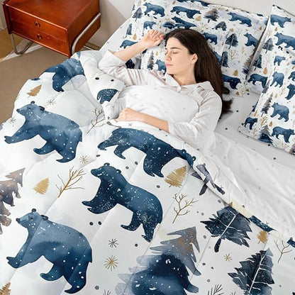 Erosebridal Cabin Bear 7 Piece Comforter Set Queen | Wildlife Jungle Hunting Bed in A Bag Wild Animals Farmhouse Sheet Set Winter Snowflakes Pine Trees Fitted Sheet Breathable Lightweight