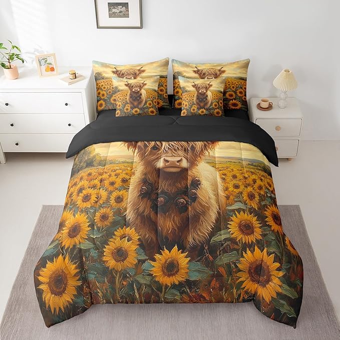 Erosebridal Highland Cow and Sunflowers Bedding King, Rustic Farmhouse Cows Print Bed Set, Sunflower Decor Farm Animal Comforter + Flat Sheet + Fitted Sheet + 2 Pillowcases + 2 Throw Pillow Covers