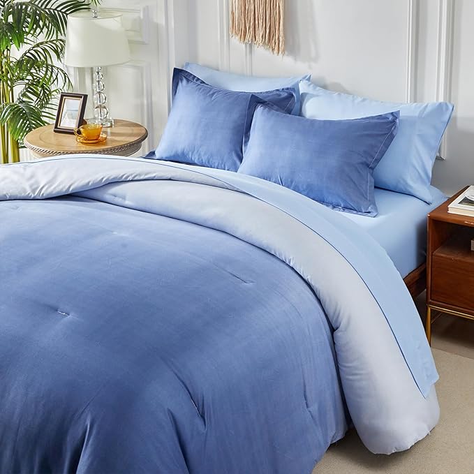 Navy and Light Blue Gradient Comforter Set Queen Size 7 Pieces Elegant Ombre Bed in a Bag - Reversible All Season Bedding Set with Comforter, Flat Sheet, Fitted Sheet, 2 Pillowcases & 2 Pillow Shams