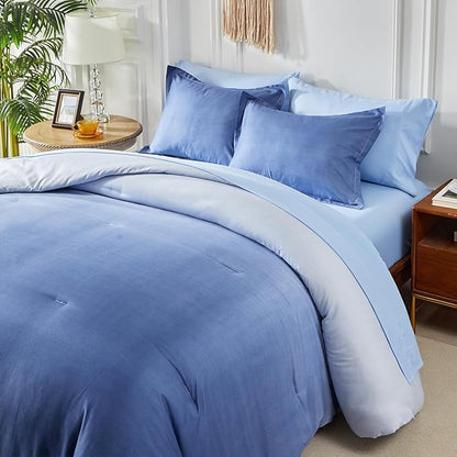 Navy and Light Blue Gradient Comforter Set Queen Size 7 Pieces Elegant Ombre Bed in a Bag - Reversible All Season Bedding Set with Comforter, Flat Sheet, Fitted Sheet, 2 Pillowcases & 2 Pillow Shams