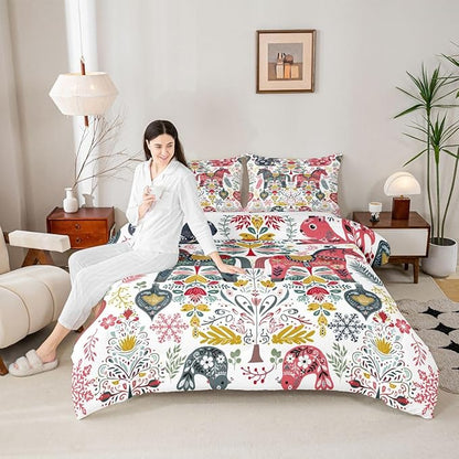 Scandinavian Horse Comforter Sets Full Size,Rustic Farmhouse Floral Bedding Set 3Pcs for Kids Girls Boys Women Room Decor,Bird Squirrel Quilted Duvet Christmas Style Down Comforter,2 Pillowcases