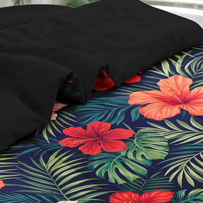 Comforter Set Queen Size, Summer Colorful Hawaiian 7 Pcs Bedding for Kids and Adults, Tropical Plants Hibiscus Bed Sheet Sets with Fitted Sheet 2 Pillowcases & 2 Shams for Bedroom Bed Decor
