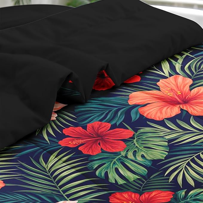 Comforter Set King Size, Summer Colorful Hawaiian 7 Pcs Bedding for Kids and Adults, Tropical Plants Hibiscus Bed Sheet Sets with Fitted Sheet 2 Pillowcases & 2 Shams for Bedroom Bed Decor