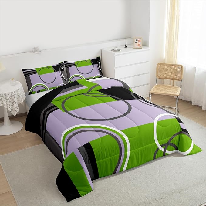 Erosebridal Modern Green Grey Black Comforter Sets Twin Abstract Swirls Spiral Bedding Set Stripes Quilt Curved Lines Duvet Insert Stylish Grid Gromment Patchwork Quilted Comforter with 1 Pillowcase