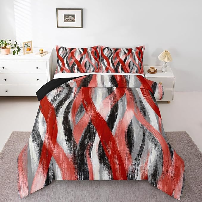 Erosebridal Geometric Stripes Comforter Full Modern Abstract Comforter Set Grey Black Red Bedding Set for Kids Boys Teen Men Swirl Lines Quilt Duvet Room Decor 3 Pcs