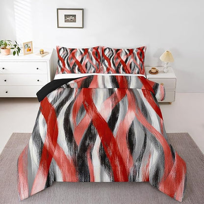 Erosebridal Geometric Stripes Comforter Full Modern Abstract Comforter Set Grey Black Red Bedding Set for Kids Boys Teen Men Swirl Lines Quilt Duvet Room Decor 3 Pcs