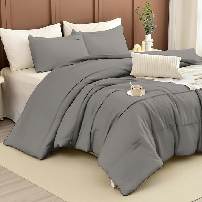 Masaca Grey Oversized King Comforter 128x120,Pinch Pleated Extra Large King Size Bedding Comforter,Farmhouse Boho Bedding 3PCS (1 Gray Comforter+2 Pillow Shams)