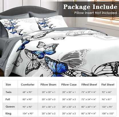 Comforter Set Full Size, Summer Spring Blue Butterfly 7 Pcs Bedding for Kids and Adults, Abstract Mandala Floral Bed Sheet Sets with Fitted Sheet 2 Pillowcases & 2 Shams for Bedroom Bed Decor
