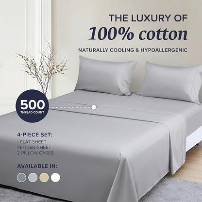Beckham Hotel Collection Full Sheet Set 100% Cotton, 500TC Luxury Sateen Bedding, 16” Deep Pocket, Moisture-Wicking, 4-Piece, Gray