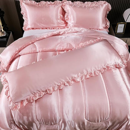 Satin King Comforter Set Silk Like Satin Bedding Set Hotel Soft Polyester Pink Bed Set Luxury Silky Pillow Cover with Quilt Set Ruffle Down Comforter Home Decor